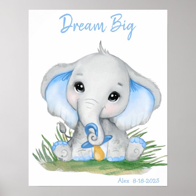 Affiche Éléphant Bleu Grand Rêve Mignon Personnalisé (Devant)