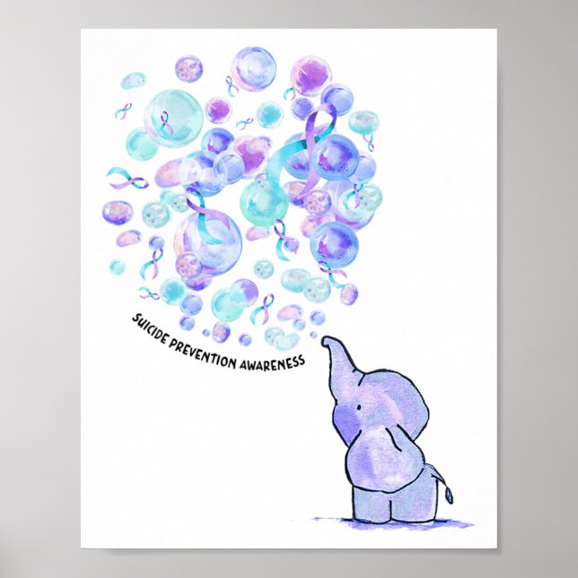 Affiche Eléphant Bleu Violet Ballons Prévention du suicide (Devant)