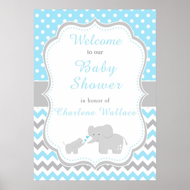 Affiche Elephant Blue et Grey Baby shower Party (Devant)