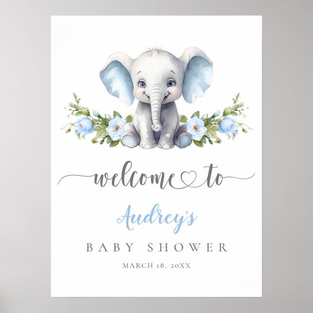 Affiche Elephant Blue Floral Baby Boy Douche Bienvenue (Devant)