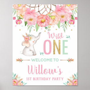Affiche Elephant Boho rose Floral 1er anniversaire Bienven
