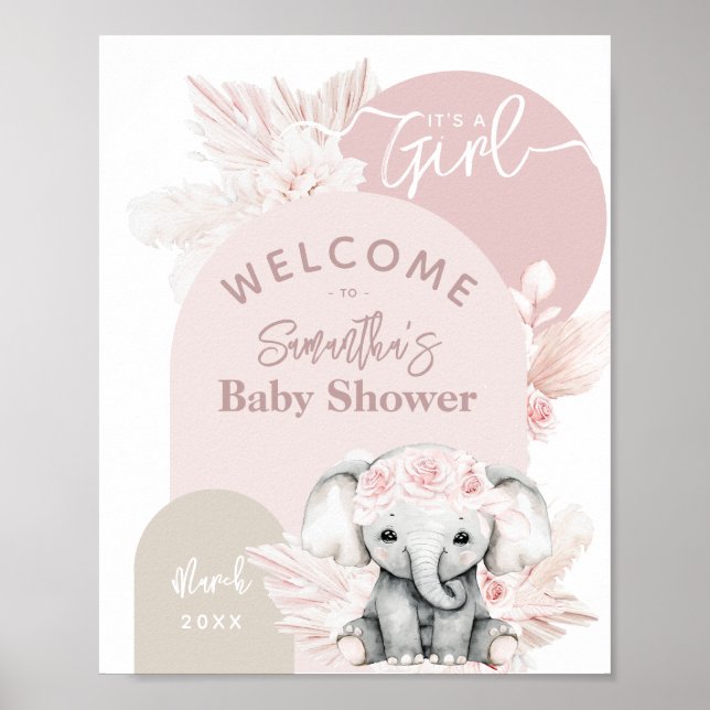 Affiche Elephant c'est une fille Boho Floral Baby shower r (Devant)