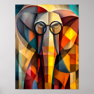 Affiche Éléphant Charmant – Érudit Cubiste avec des Lunett