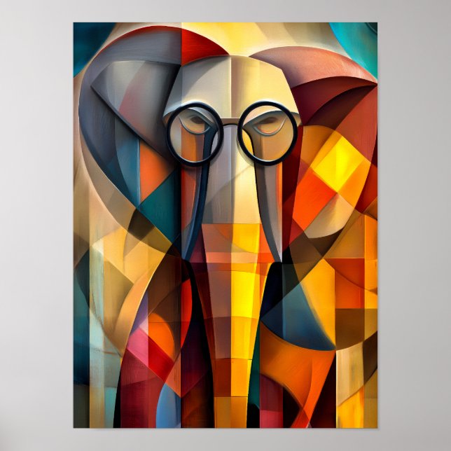 Affiche Éléphant Charmant – Érudit Cubiste avec des Lunett (Devant)