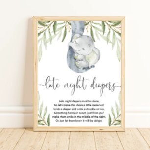 Affiche Eléphant couche tard la nuit jeu baby shower