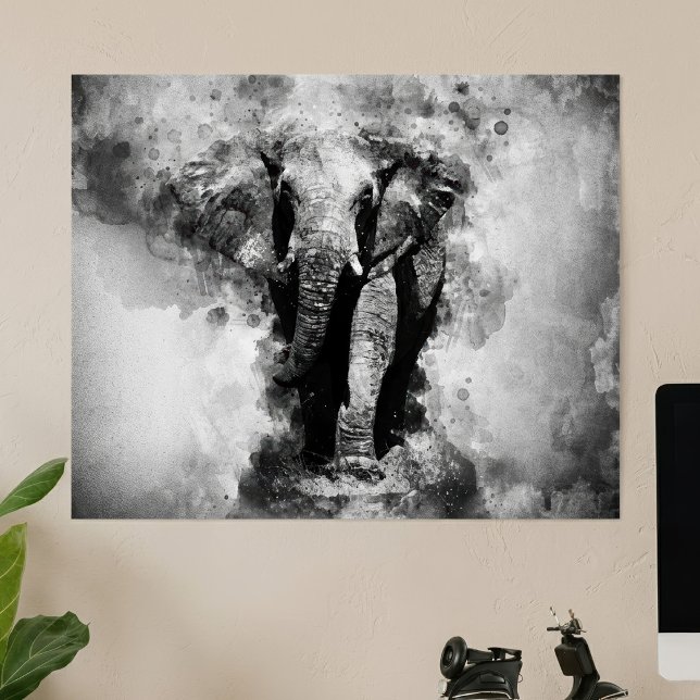Affiche Éléphant d'Afrique Aquarelle Noir et Blanc (African Elephant Black and White Watercolor. Poster)