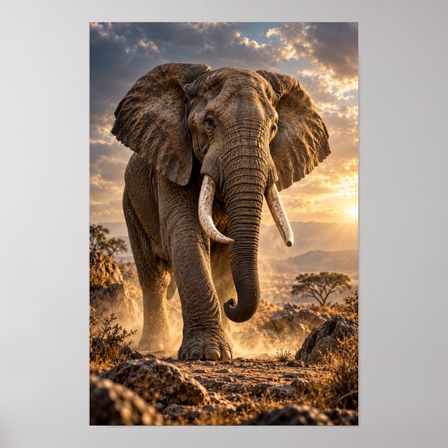 Affiche Éléphant d'Afrique au coucher de soleil doré Savan (Devant)