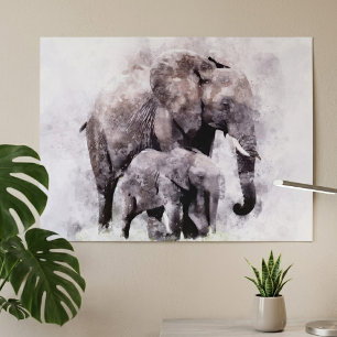 Affiche Éléphant d'Afrique femelle avec son éléphanteau Aq