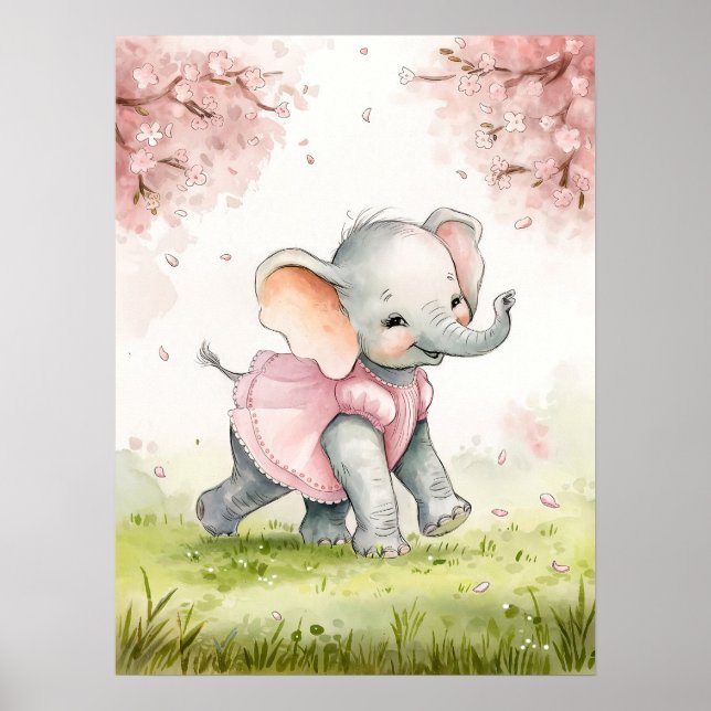 Affiche Éléphant de bébé fantaisiste en robe rose sous cer (Devant)