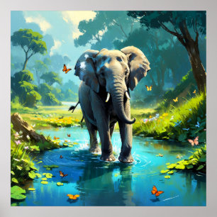 Affiche Elephant de rêve avec des papillons dans la rivièr
