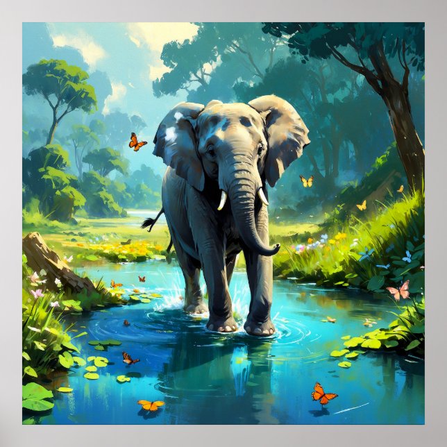 Affiche Elephant de rêve avec des papillons dans la rivièr (Devant)
