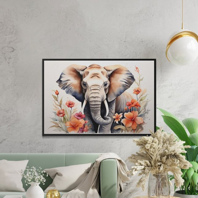 Affiche Eléphant élégant et aquarelle florale Art (Créateur téléchargé)