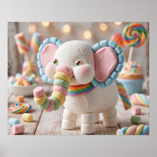 Affiche Éléphant en guimauve fantaisiste et bonbons pastel