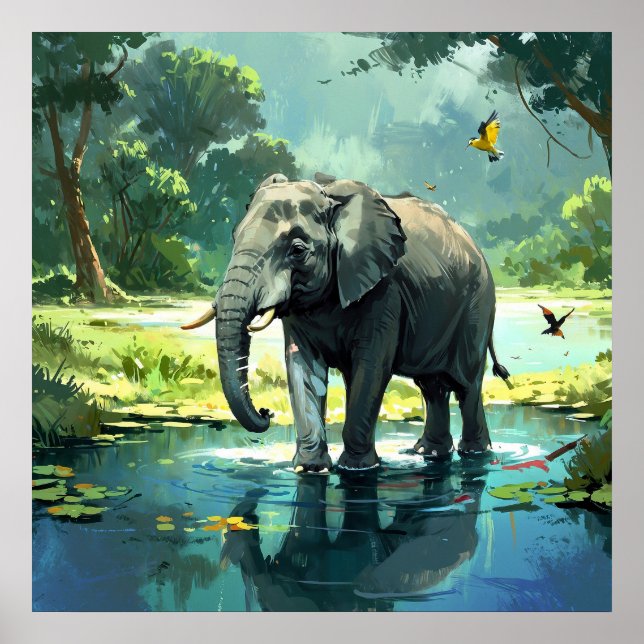 Affiche Eléphant Extraordinaire dans la rivière avec peint (Devant)
