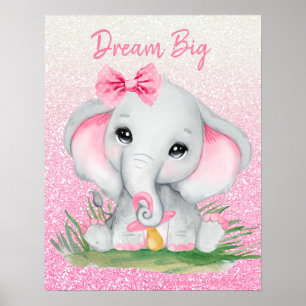 Affiche Éléphant fille pailleté rose rêve mignon grand