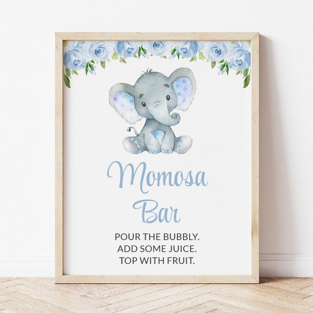 Affiche Elephant, Fleurs Bleues, Baby shower Momosa Bar (Créateur téléchargé)