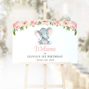 Affiche Eléphant, Fleurs Roses, Accueil Premier Anniversai