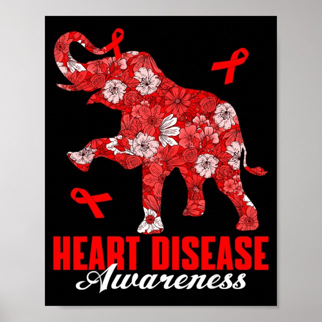 Affiche Éléphant floral &amp; Ruban rouge Mois de la malad (Devant)