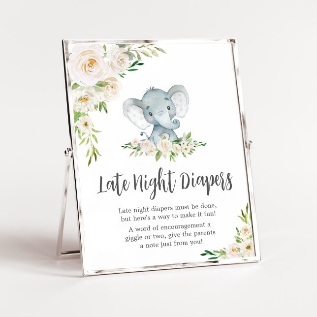 Affiche Élephant Floral Blanc Eléphant Late Night Diapers (A Little Peanut is on the Way Baby Shower Late Night Diapers Sign)
