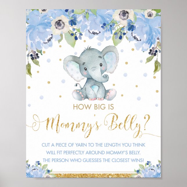 Affiche Éléphant Floral Bleu Quel est la taille du ventre  (Devant)