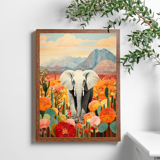 Affiche Eléphant Floral Desert Mountain coloré (Créateur téléchargé)