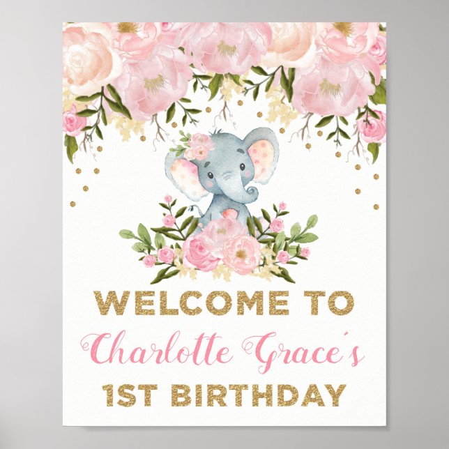 Affiche Eléphant floral rose 1er anniversaire Bienvenue (Devant)