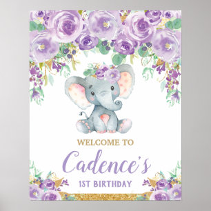 Affiche Eléphant Floral Violet 1er anniversaire Bienvenue 