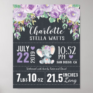 Affiche Eléphant Floral Violet Nouveau bébé Fille statisti