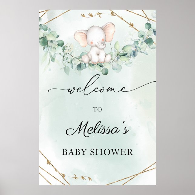 Affiche Elephant Green Foliage Baby shower de bienvenue (Devant)