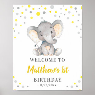 Affiche Eléphant gris Jaune Polka Dot Anniversaire Bienven