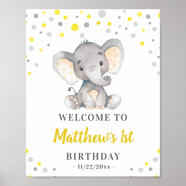 Affiche Eléphant gris Jaune Polka Dot Anniversaire Bienven (Devant)