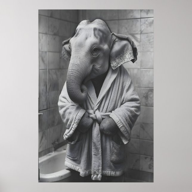 Affiche Elephant in Bathrobe Print, Funny Bathroom Art (Devant)
