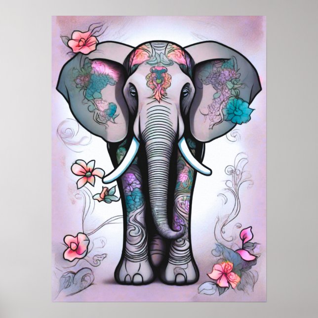 Affiche Éléphant indien gris orné de fleurs (Devant)