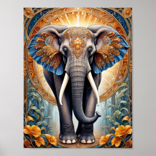 Affiche Éléphant indien sacré sur motif ethnique et fleurs