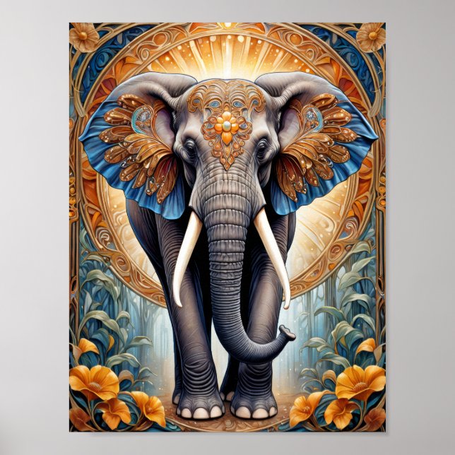 Affiche Éléphant indien sacré sur motif ethnique et fleurs (Devant)