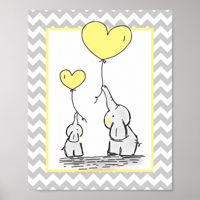 Affiche Elephant jaune blanc gris Chevron Baby Nursery (Devant)