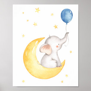 Affiche Eléphant Lune Étoiles Balloon Lovely Nursery