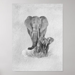 Affiche Éléphant mère et bébé noir et blanc