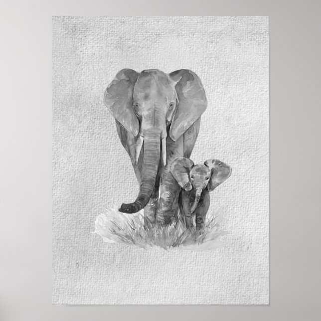 Affiche Éléphant mère et bébé noir et blanc   (Devant)