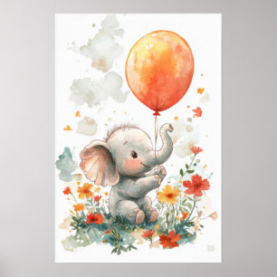 Affiche Eléphant mignon avec aquarelle à ballon Illustrati