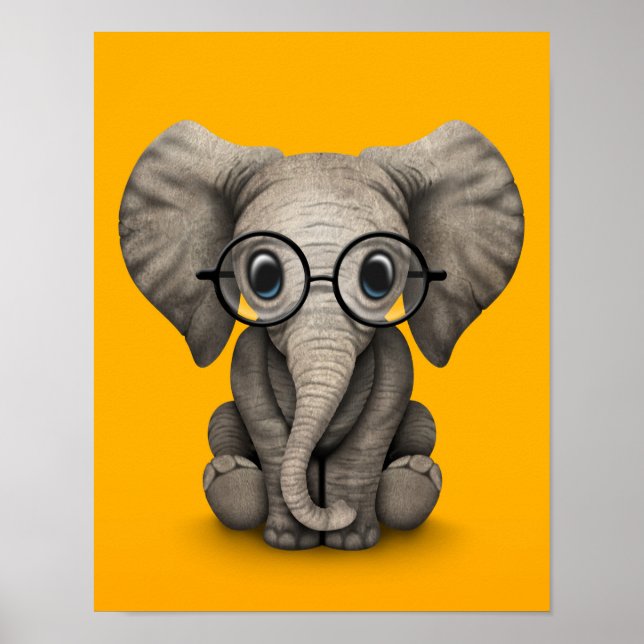 Affiche Eléphant mignon bébé avec lunettes de lecture Jaun (Devant)