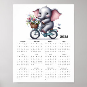Affiche Eléphant mignon chevauchant un vélo 2025 Calendrie