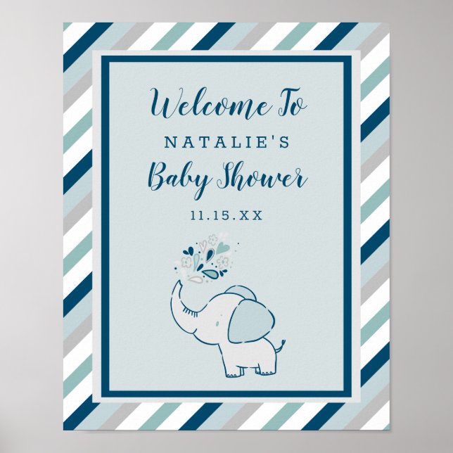 Affiche Eléphant mignon dans la marine et le Baby shower d (Devant)