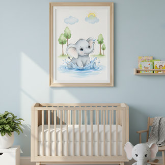 Affiche Éléphant Mignon Éclaboussant dans l'Eau