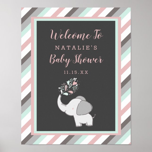 Affiche Eléphant mignon en rose et Baby shower de menthe B (Devant)