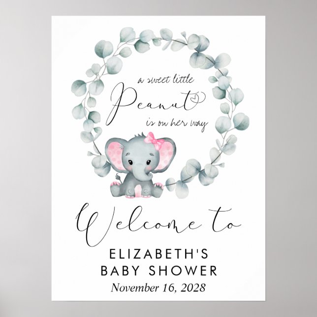 Affiche Eléphant mignon Eucalyptus Baby Girl Douche Bienve (Devant)