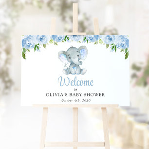 Affiche Eléphant mignon, Fleurs Bleues, Baby shower Bienve