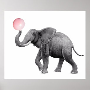 Affiche Éléphant Mignon Noir Blanc Bubble Gum Nurserie Enf