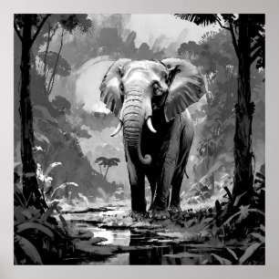 Affiche Eléphant noir et blanc majestueux dans l'art de la