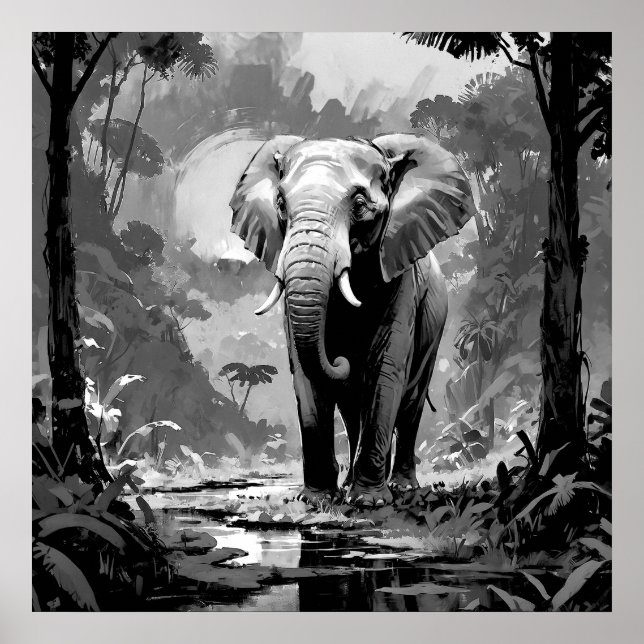 Affiche Eléphant noir et blanc majestueux dans l'art de la (Devant)